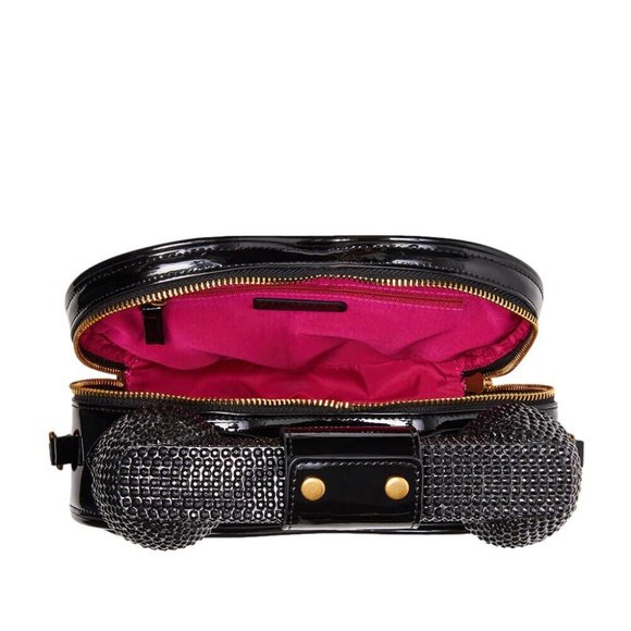 Betsey Johnson Kitsch Tag Black Quilted Heart Blue Tooth Phone Crossbody Bag - Picture 6 of 8